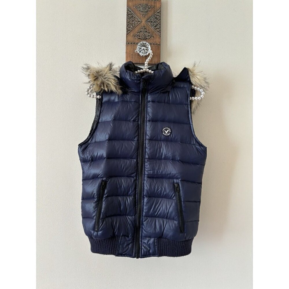 American Eagle Outfitters Size Small Blue Down Quilted Puffer Vest Hooded
